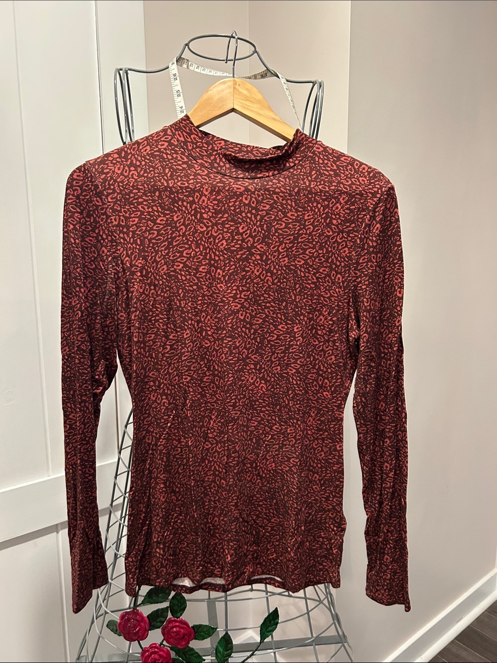 Ted Baker Long Sleeve Red Leopard Print Mock Neck Top